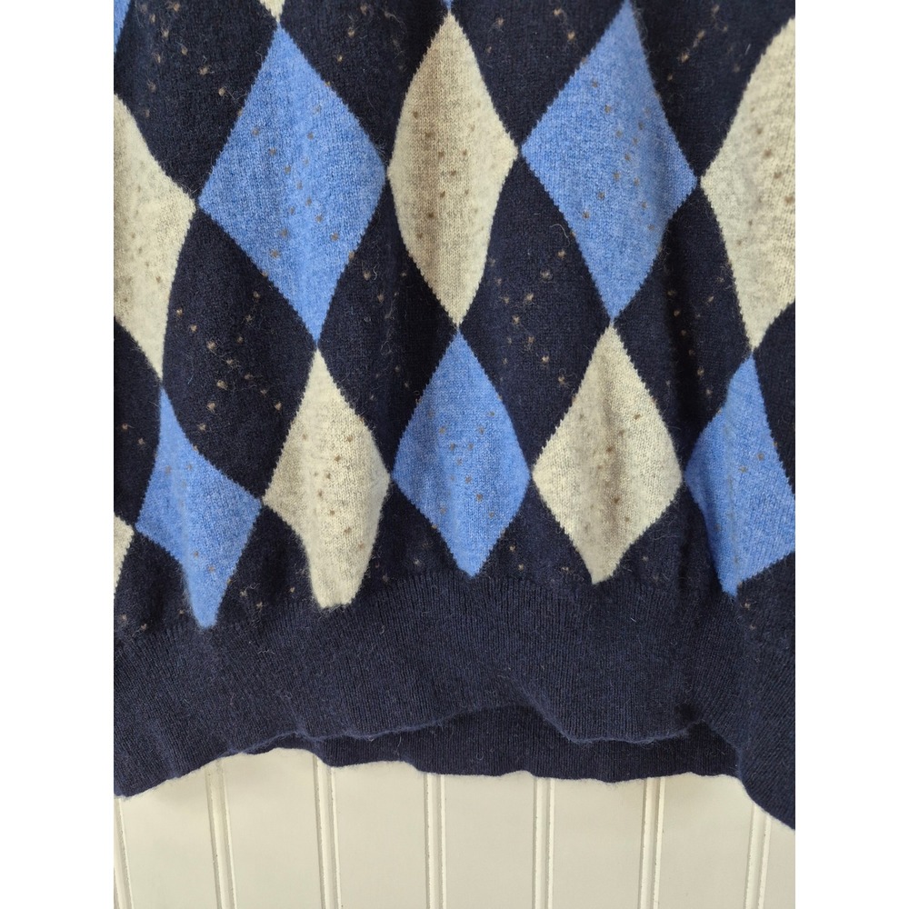 Tasso Elba Mens 100% Cashmere Argyle‎ V-Neck Sweater Navy Grey Large Preppy - Picture 4 of 9